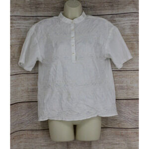 VINTAGE QPS Womens Size Small Quarter Button Up Top Shirt White Padded Shoulders